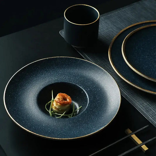 Elegant Gold Edge Ceramic Plate with gourmet dish, perfect for dining table presentation.