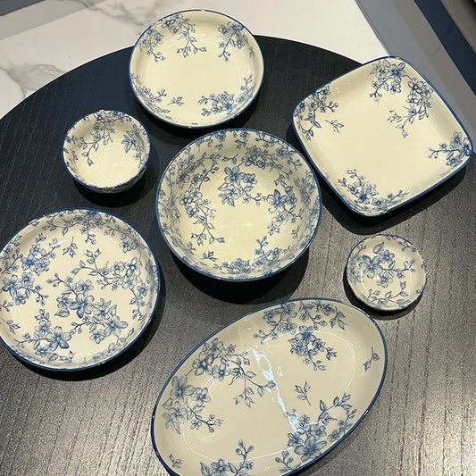 Elegant Vintage Blue Floral Bowl & Plate Set